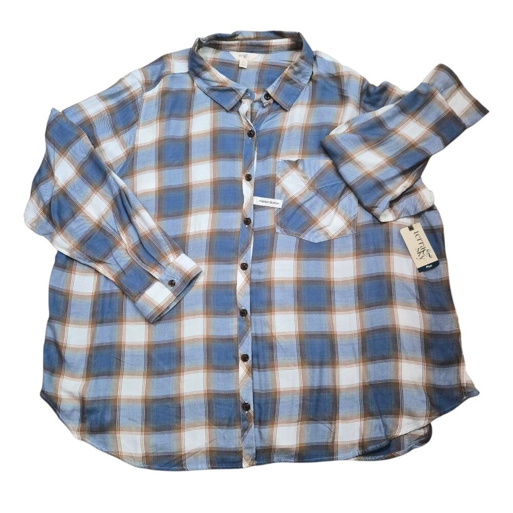Terra & Sky Women's Plus Button Down Shirt Plaid Long Sleeve Size 2X Blue - Picture 4 of 11